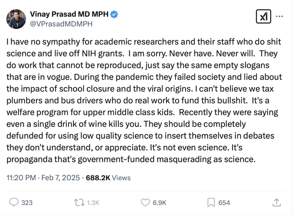 Screenshot of a tweet criticizing academic researchers and funding, mentioning their slogans and failure during the pandemic. It advocates against tax funding for certain research and calls it propaganda. The tweet has numerous likes and comments.