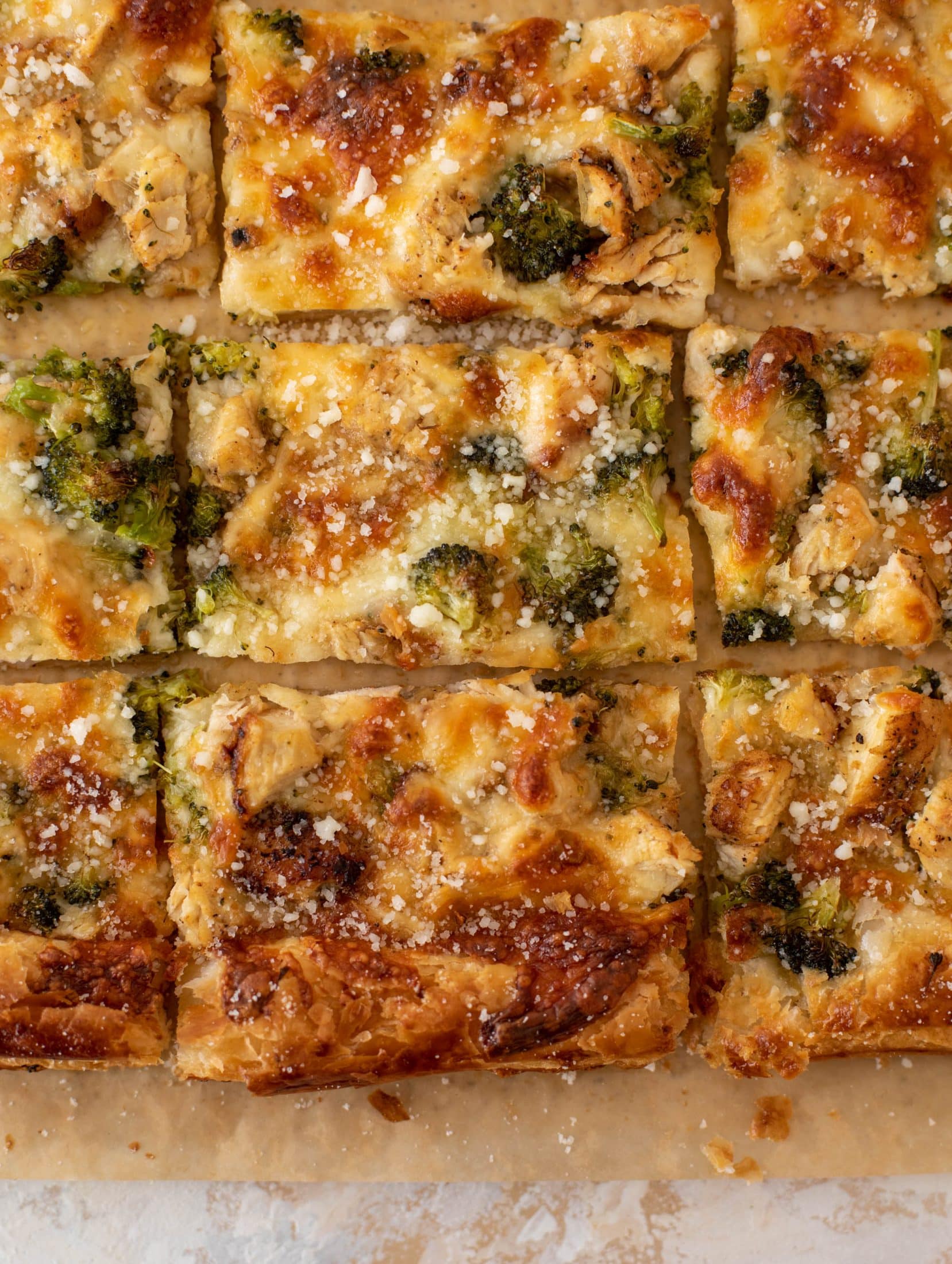 grilled chicken broccoli puff pastry pizza