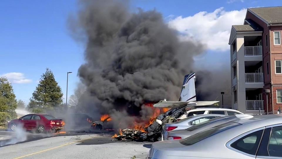 PHOTO: Flames and plumes of smoke are seen billowing following a small plane crash in Lititz, Manheim Township, Pa., Mar. 9, 2025. (Brian K Pipkin)