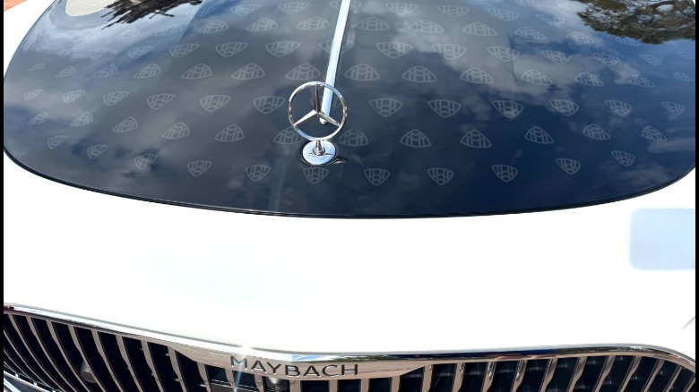 a white Maybach SL's monogrammed hood