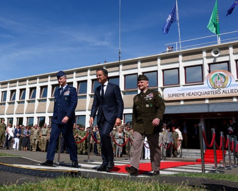 Nato Secretary General Mark Rutte, US air force General Alexus Grynkewich, and outgoing Supreme Allied Commander Europe (SACEUR) General Christopher G. Cavoli, attend a ceremony where Grynkewich takes over as Nato's new SACEUR, at the Supreme Headquarters Allied Powers Europe (SHAPE) in Casteau, Belgium.