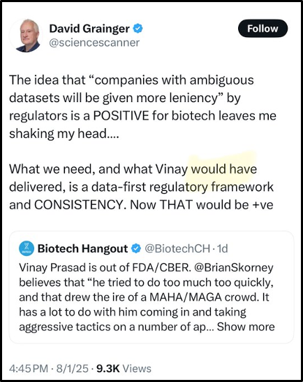 A tweet by David Grainger expresses concern that leniency for biotech companies with ambiguous data is seen as positive. He calls for a consistent, data-driven regulatory framework, quoting a related tweet about FDA and regulatory issues.