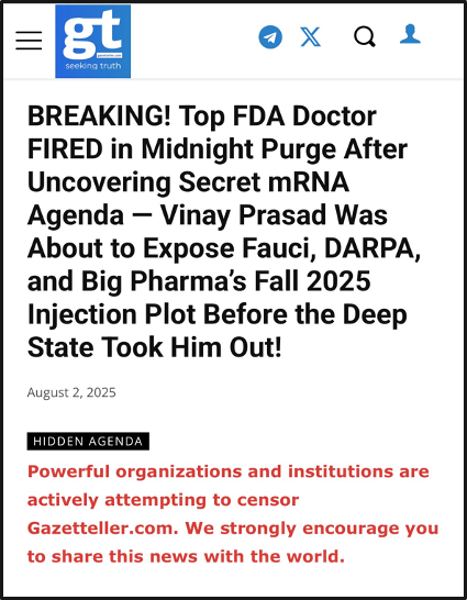 A sensational news headline claims a top FDA doctor was fired after exposing a secret mRNA agenda and a plot involving Fauci, DARPA, and Big Pharma. The website urges readers to share due to alleged censorship.