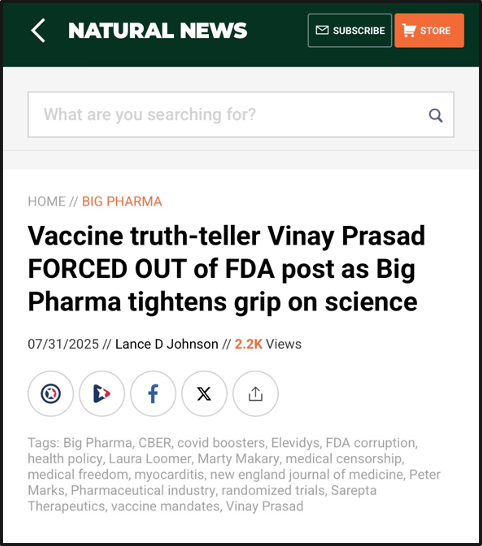 A news article headline claims Vinay Prasad was forced out of an FDA post due to Big Pharma influence. The page is from "Natural News" and includes tags about vaccines, FDA, and pharmaceutical topics.