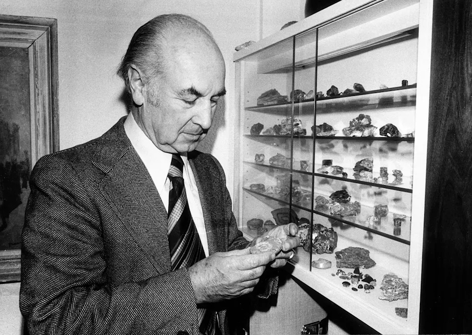 A person in a suit examines a rock or mineral sample in front of a display case filled with various stones and minerals